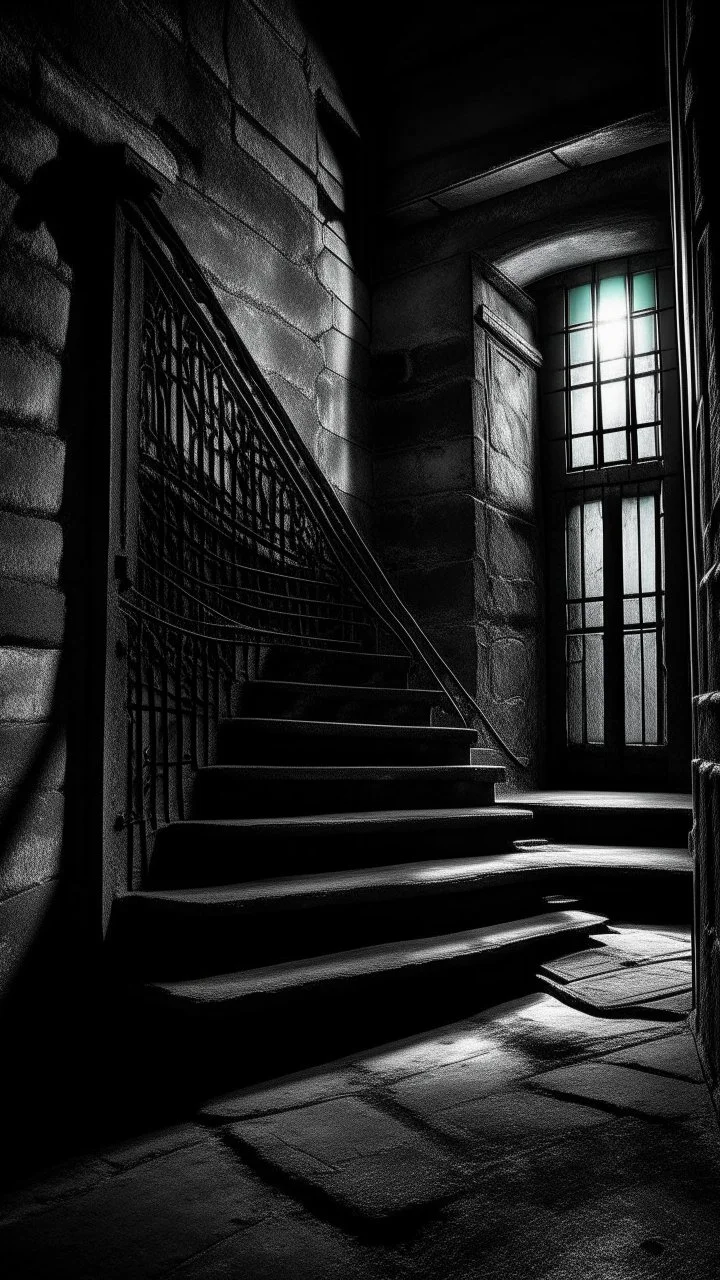 A stair to a door with prison bars, darkness reigns supreme, swallowing light and casting an eerie gloom. Jagged rocks jut ominously, shadows dancing with unseen creatures. Sinister shapes glide, eyes gleaming in the murky depths. Distant rumblings and creaking sounds fill the water, sending shivers. In this desolate underworld, fear of the unknown pervades every corner, where the slightest movement evokes terror. It's a realm where nightmares manifest, and the deep, unfathomable expanse inst