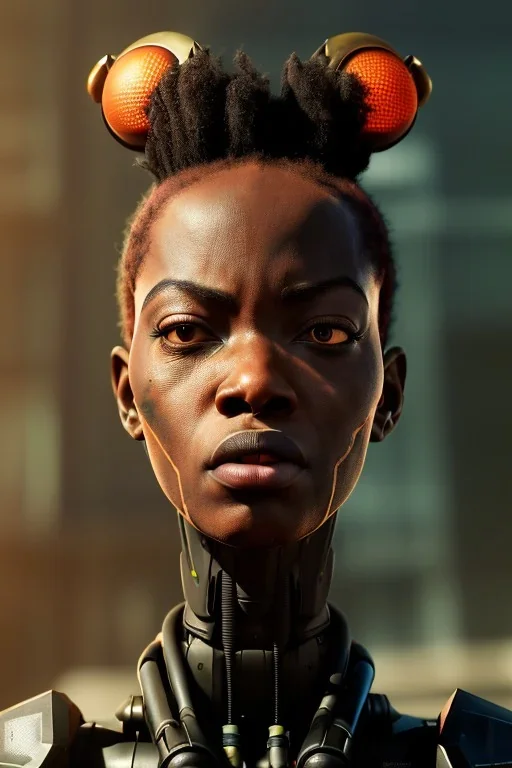 portrait,beautiful african robot, post-apocalyptic in a cyberpunk city, realistic, intriacte detail, sci-fi fantasy style, volumetric lighting, particales,highly detailed,cinamatic, deep colours,8k