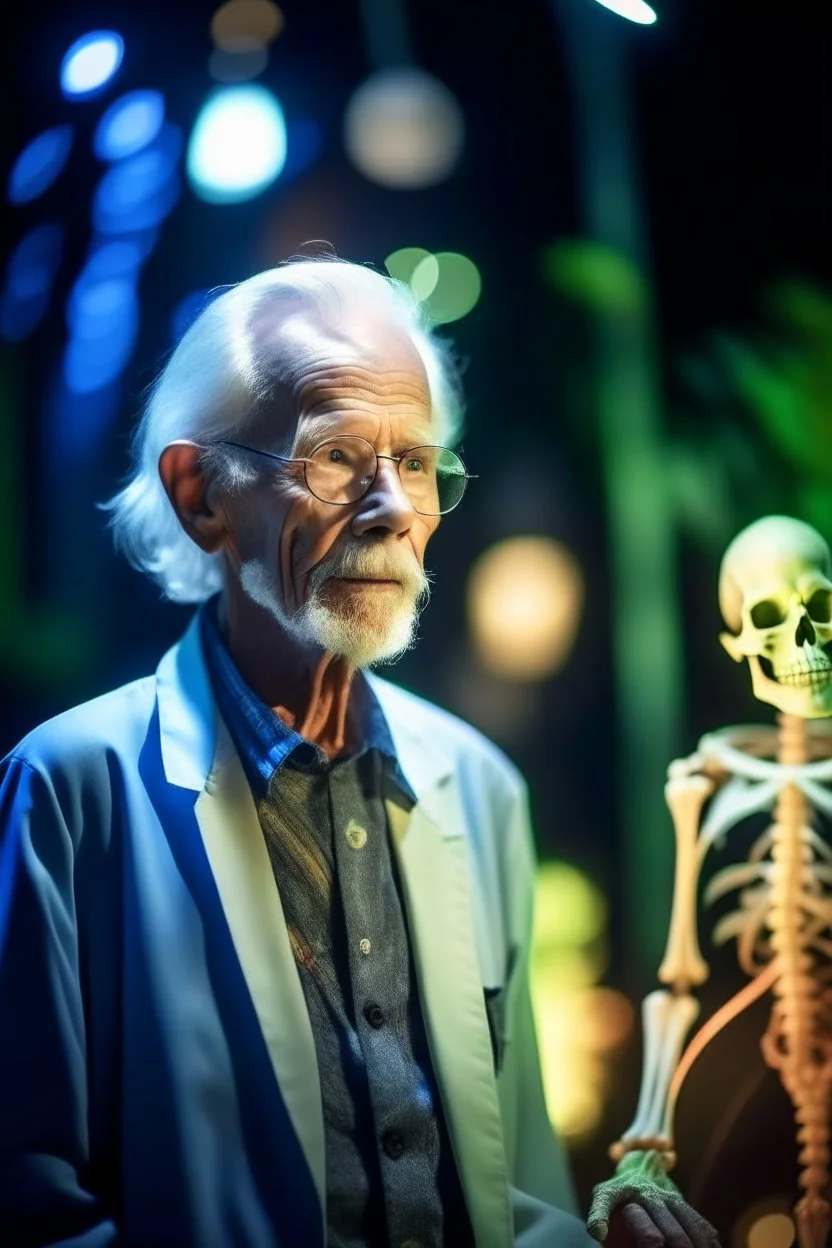 portrait of flashy transparent old man scientist in the zoo showing of his glowing skeleton, zeiss prime lens, bokeh like f/0.8, tilt-shift lens 8k, high detail, smooth render, down-light, unreal engine, prize winning