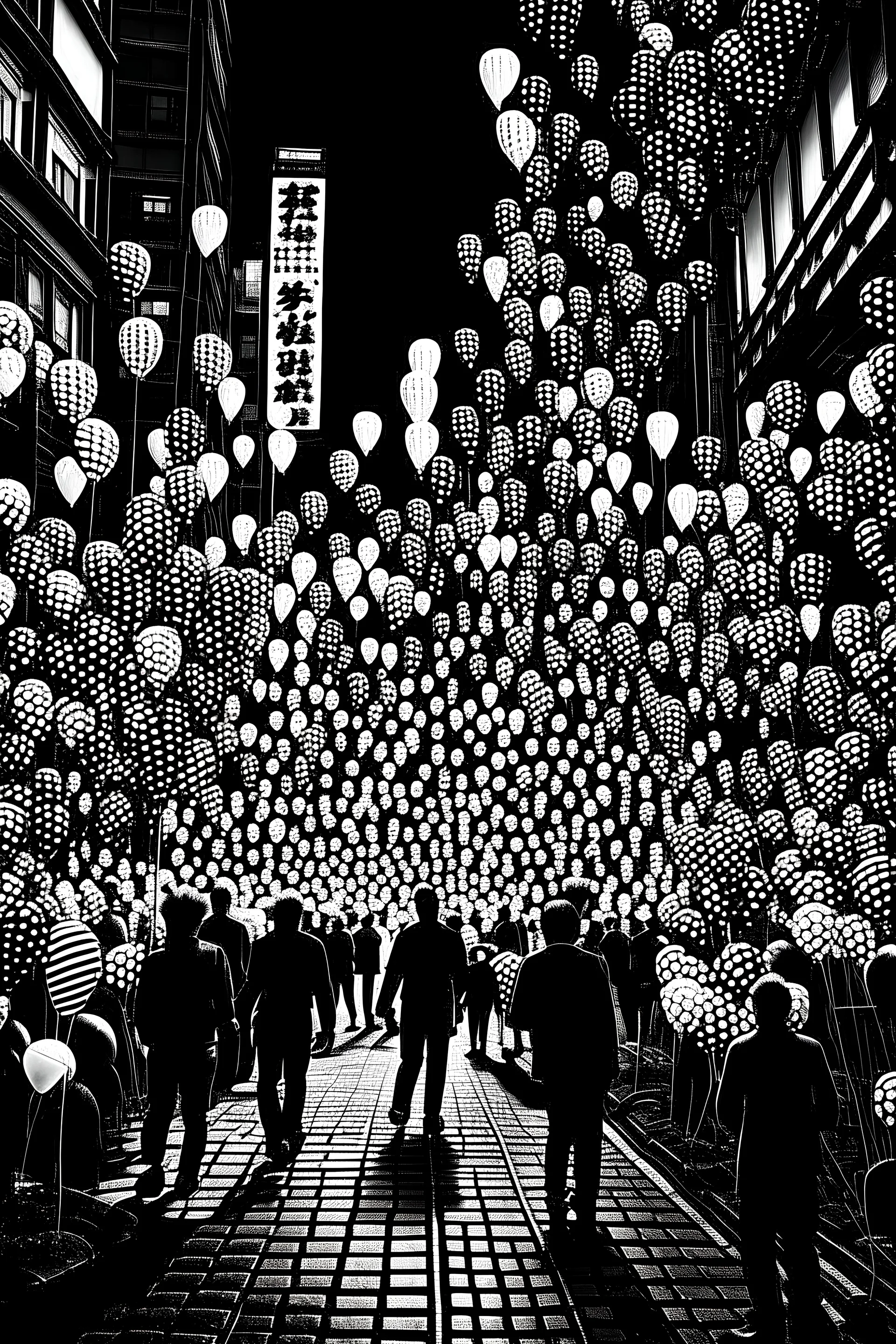 BLACKBACKGROUND BLACK AND WHITE MANY MANY SMALL PARTY BALLOONS ON A TOKYO STREET IN THE STYLE OF HIROKU OGAI