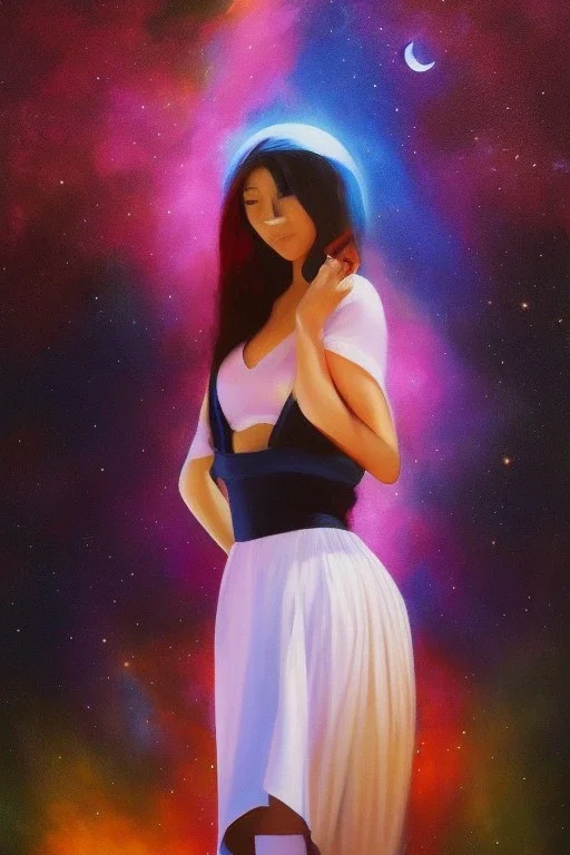 Full body portrait, painting, medium shot lady Spacecore midground volumetric magic spell