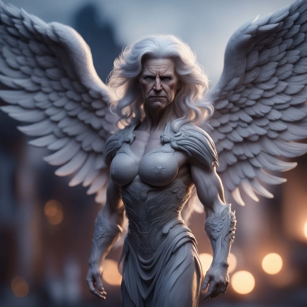 jo biden grey angel with muscles and big wig, Guiding souls through twilight, where the shadows flee In this realm of aftermath, phantoms softly tread Following the will-o-wisp, where the lost are led ,bokeh like f/0.8, tilt-shift lens 8k, high detail, smooth render, down-light, unreal engine