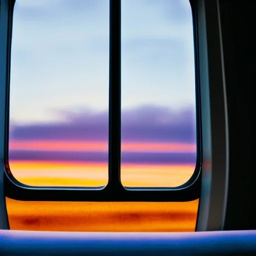 small rabbit, interior, high speed train, sunset on the horizon outside window