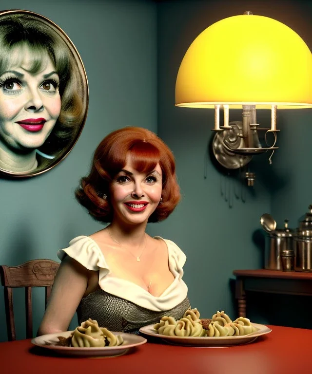 Ultra realistic photographic portrait, happy young Gina Lollobrigida woman sitting with arms resting on Italian kitchen table, pretty tortellini dish, retro dress by 1960, classic style decoration, cold, soft color, highly detailed, unreal engine 5, ray tracing, RTX, lumen lighting, ultra detail, volumetric lighting, high definition.