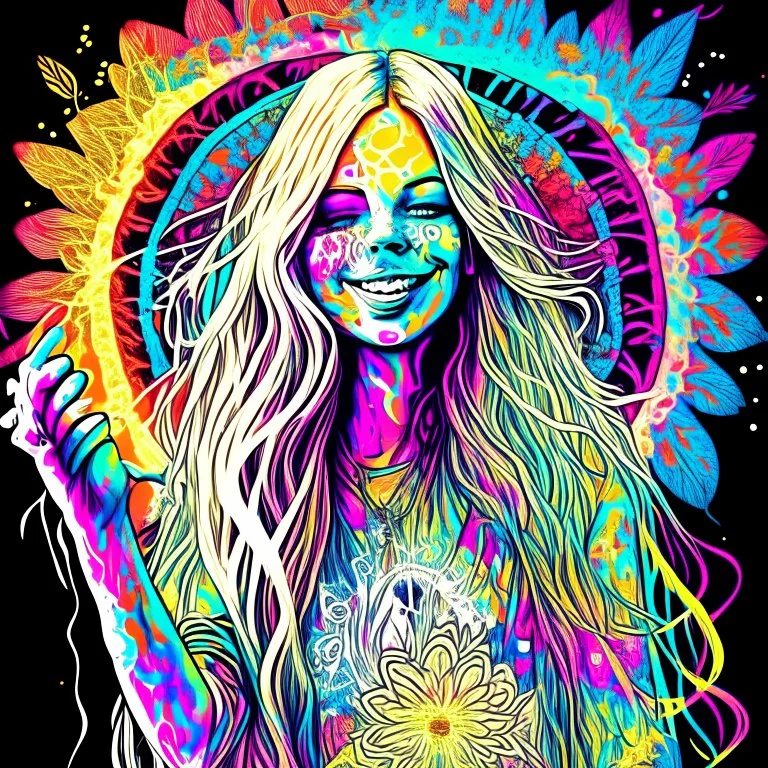 sketch illustration, tie dye wearing pretty hippie woman with aflower in her long blonde hair giving the victory sign with fingers, background is psychedelic zentangle, groovy neon acid wash, peace signs, ink splatter, by Russ Mills and Alex Grey