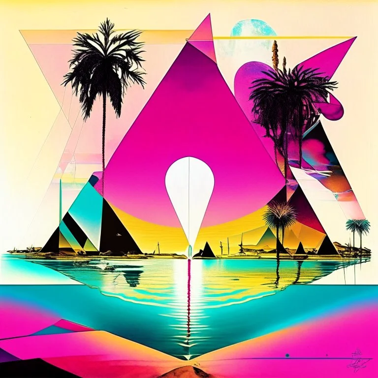 Standing by the Nile, make it to the islands in the sun, by Gerald Scarfe, by Petros Afshar, by Norman Bel Geddes, double exposure acrylics and pen illustration, heavy dreamy colors, Pink Floyd aesthetics, smooth psychedelic sci-fi geometric abstractions, modern art album cover, asymmetric, complex contrast