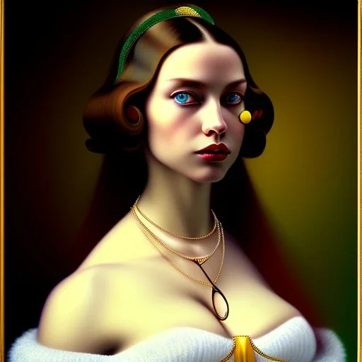 oil Portrait of a Dark Blonde long haired beautiful busty voluptous adult woman with emeralds necklace with Very big Green sad eyes looking to viewer by GRANT WOOD Ingres 8k