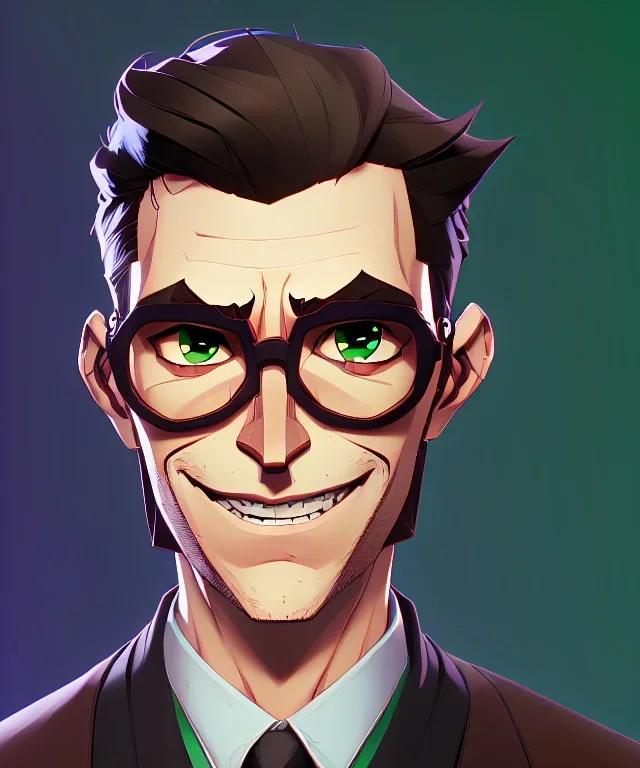 Fit man in round glasses, smiling eyes, wavy hair, stubble, slim, tie, monotone, green eyes, comic book style, two tone colours, detailed, ink, realistic, handsome, square jaw, big brows, no jacket, bird on the shoulder, spotlight