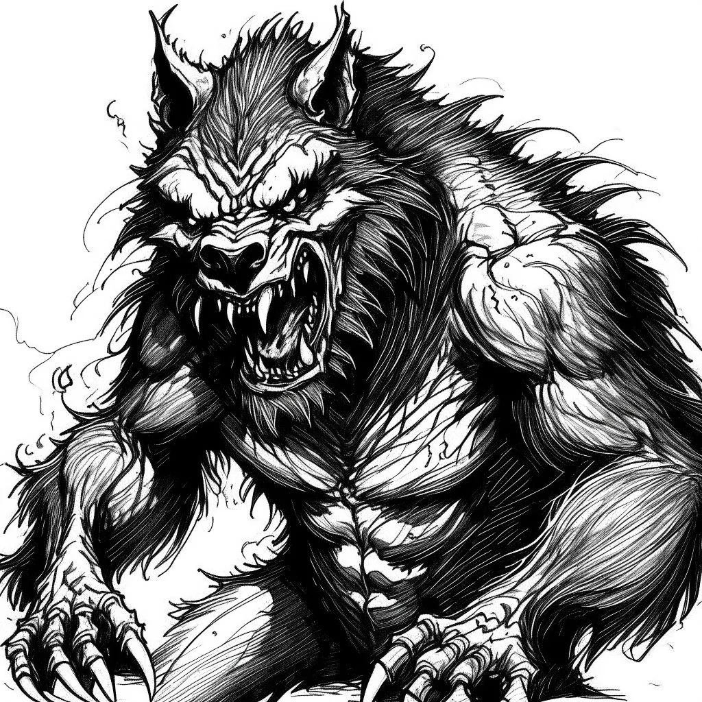 A black and white drawing, a werewolf A DRAW