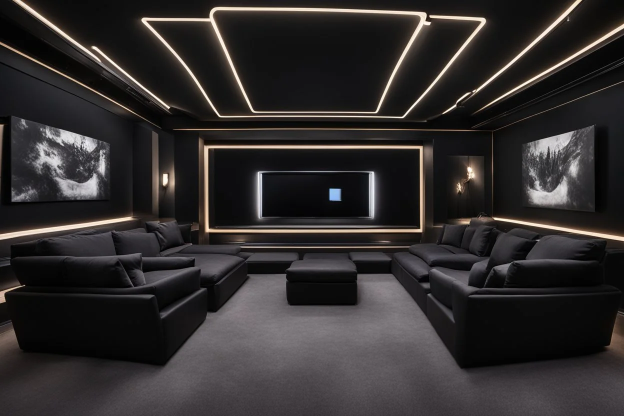 a black themed dedicated home cinema room with LED ambient lighting in the walls make sure the room is completely symmetrical