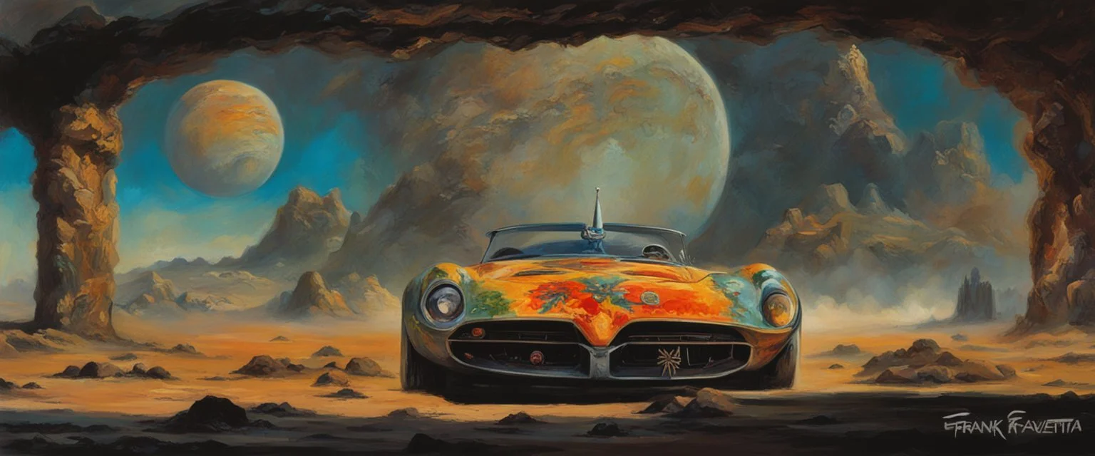 ,mugshot, Planet of the Vulcans, multicolored, large, floral designs, atmospheric, beautiful, oil painting by Frank Frazetta, 4k UHD, Photorealistic, professional quality