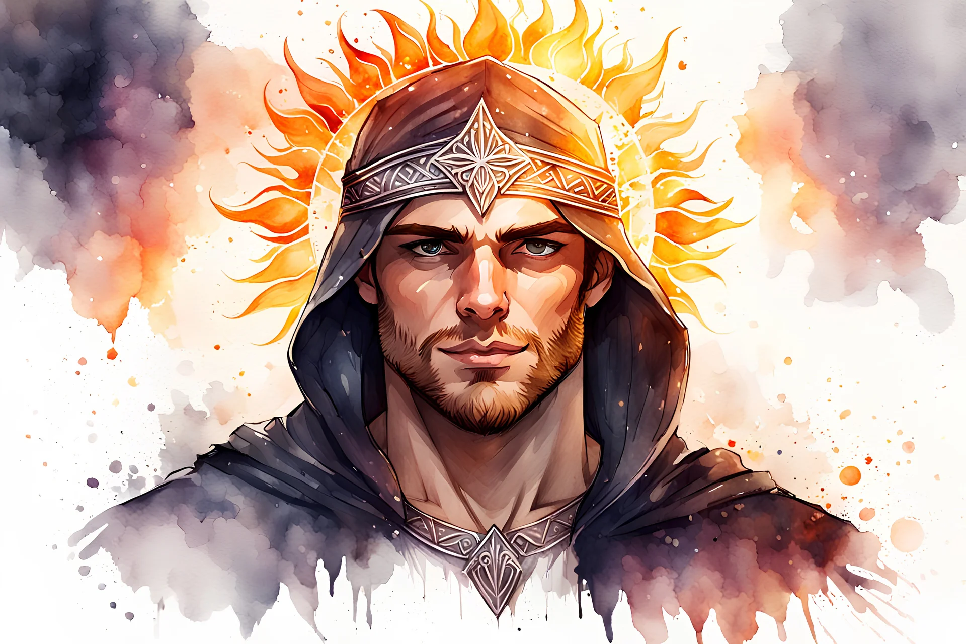 watercolor drawing of the Slavic male sun on a white background, Trending on Artstation, {creative commons}, fanart, AIart, {Woolitize}, by Charlie Bowater, Illustration, Color Grading, Filmic, Nikon D750, Brenizer Method, Perspective, Depth of Field, Field of View, F/2.8, Lens Flare, Tonal Colors, 8K, Full-HD, ProPhoto RGB, Perfectionism, Rim Lighting, Natural Lighting, Soft Lighting, Acc