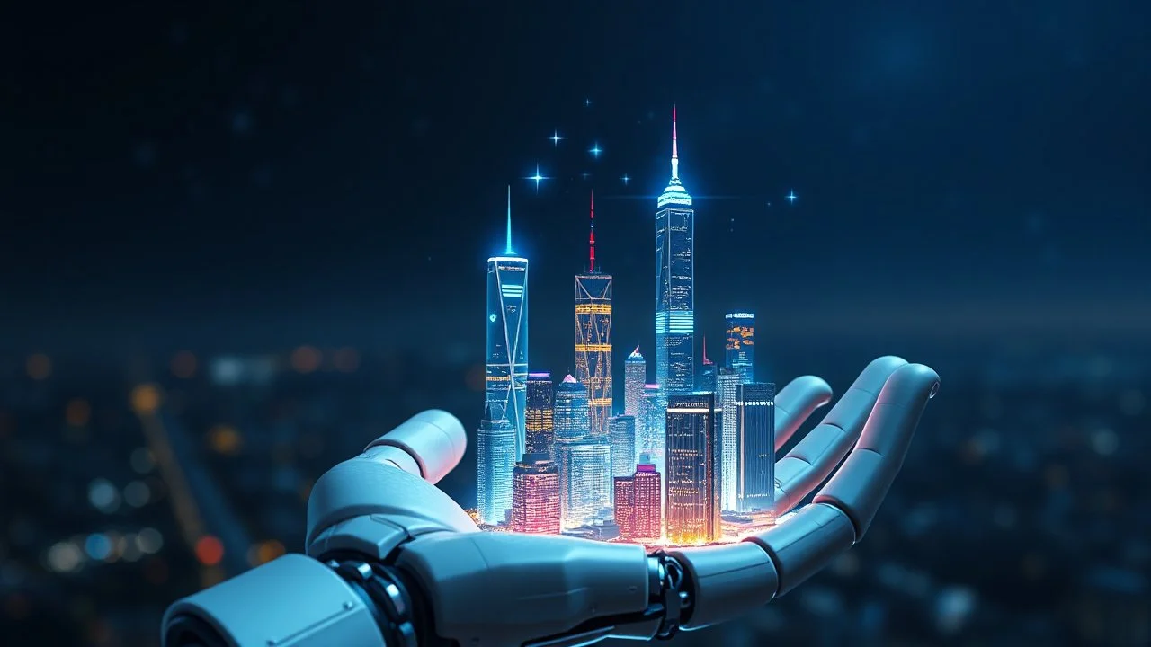 a big modern city as build In the open robotic hand ,blue sifi ,stars in dark night sky in blury background