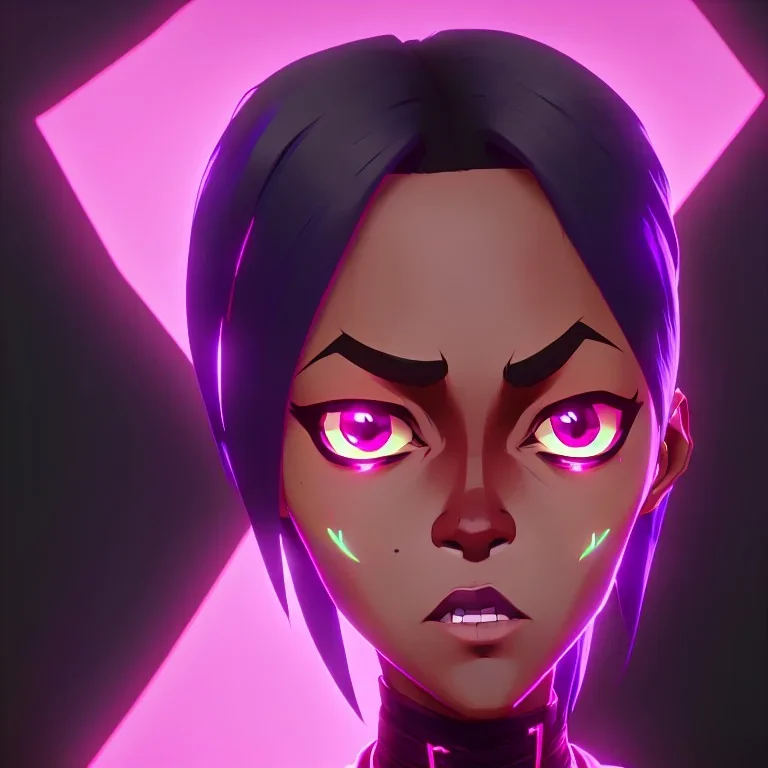 Ekari is a black girl with big neon pink eyes happy face