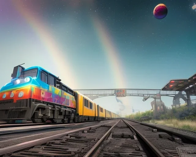 train with graffiti on a rainbow track in outerspace, planets in the background, steam bubbles from chimney, galaxy