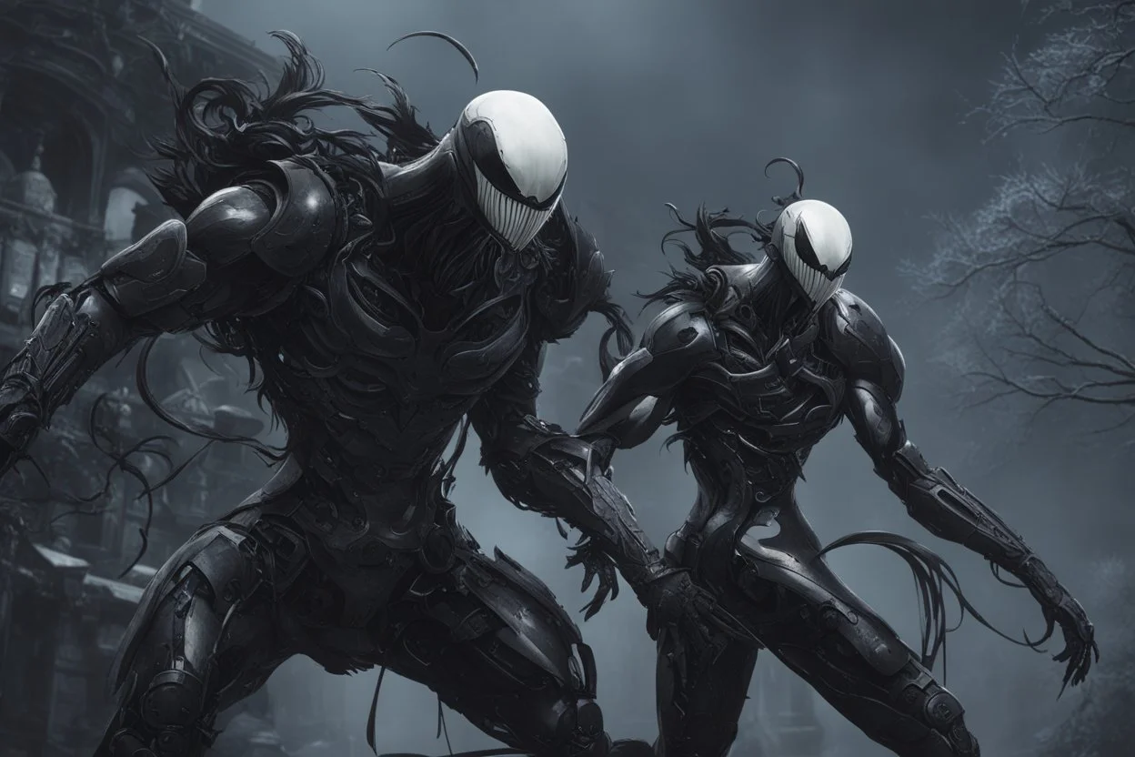 Venom machine in nier automata artstyle, halloween them, winter, close picture, fantasy world, intricate details, highly detailed, high details, detailed portrait, masterpiece,ultra detailed, ultra quality
