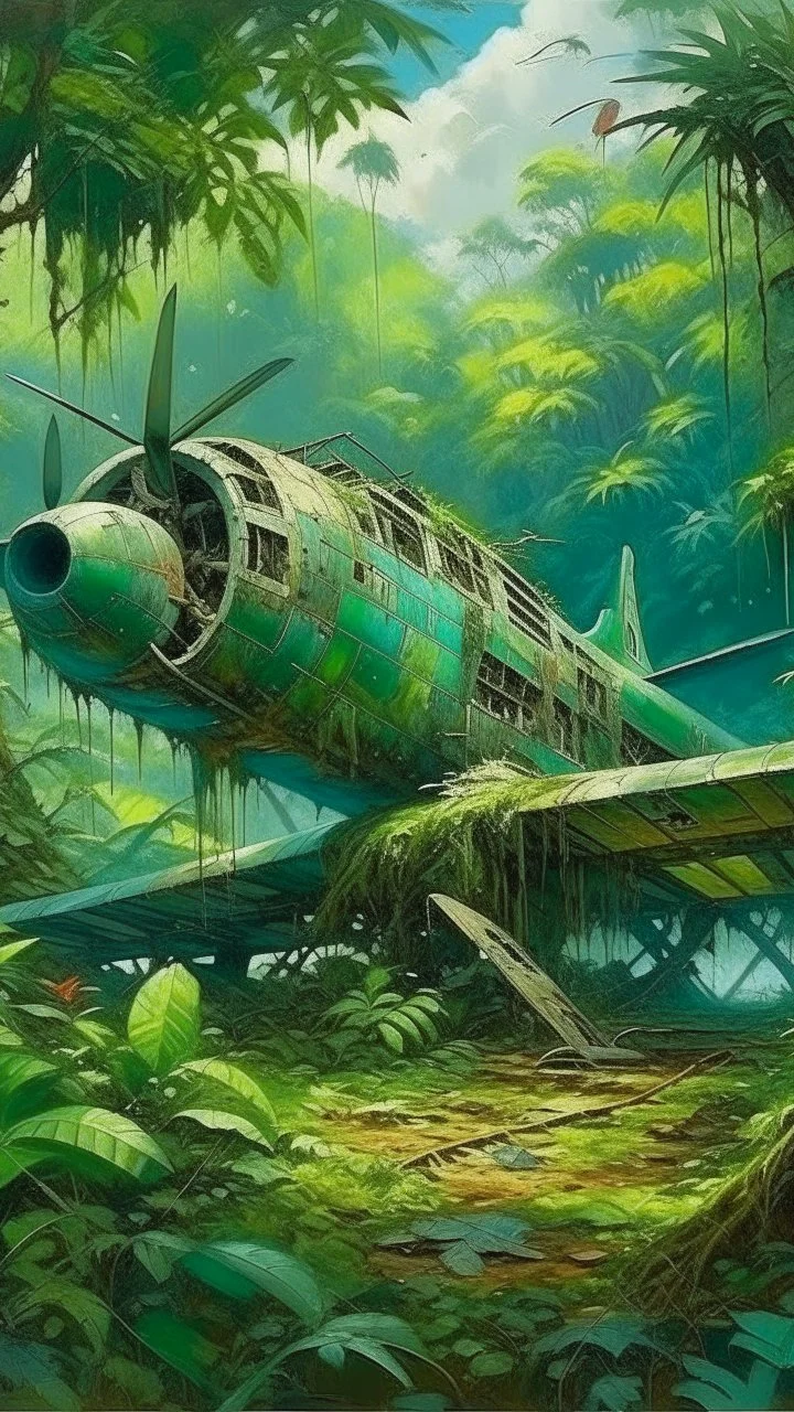 An old airplane with wings crashed in rainforest filled with green bushes painted by Claude Monet