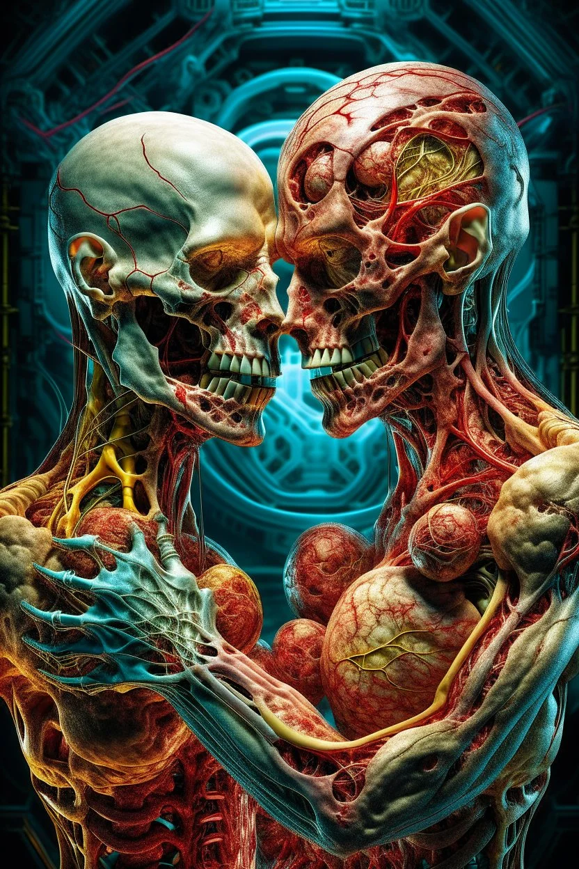 cinematic gore photorealistic fleshy dmt lsd photo of 2 cybernetic bodies making love, 1 male 1 female, 1 soul, complementary, anatomically fragmented, ripped apart again being flayed, skinned alive. A beating heart, muscles, blood vessels, bowels, entrails are exposed. anatomy. physiology. Bosch and Dali inspired hallucinations. mythology. grotesque.