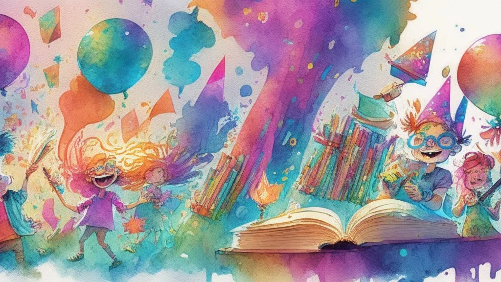 Illustration of party, book-style, animated, cartoon, vivid colors, fantastical, watercolor