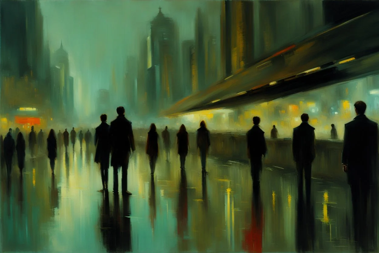 Futuristic city in a cloudy day, lake, people, sci-fi, cyberpunk influence, lesser ury impressionism painting