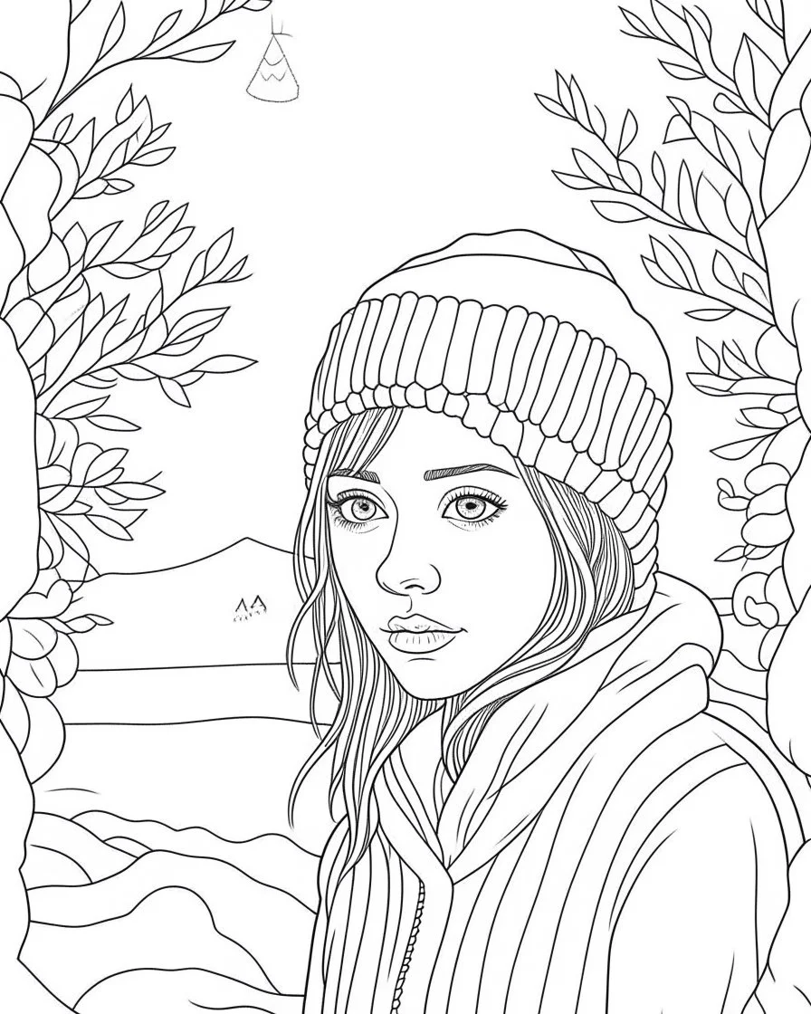 SNOW GARDEN, full view, realistic face, coloring page, only draw lines, coloring book, clean line art, –no sketch, color, –ar 3:4, white background, minimalistic black lines, minimal black color, low level black colors, coloring page, avoid thick black colors, thin black line art, avoid colors, perfect shape, perfect clear lines,