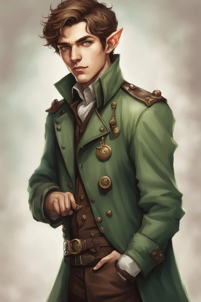 handsome elf man of twenty years old, with brown eyes, short brown hair, dressed in a steampunk style green trench coat.