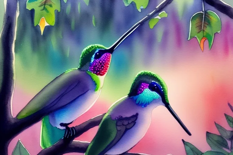 closeup, a colorful hummingbird family perched in the canopy, the siblings eating (opened mouth, the mother feeding them), twilight, looking down on the river through the canopy of a tree, on a misty twilight. over a misty pond in the hieght of fall. Watercolour by Alison Brady. Pastel colours S<AI in sunshine, ethereal, otherwordly, cinematic postprocessing