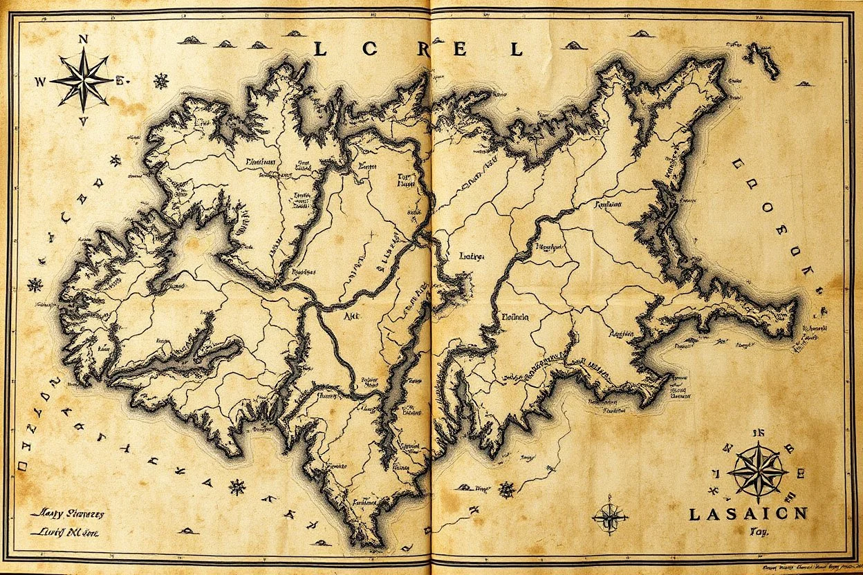 a scan of an ancient Cree land map of a fictional place, printed black and white but has since been stained and weathered
