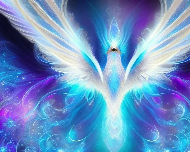 a detailed illustration of a phoenix with shiny blue wings and long glowing sparkly body, luminescent body, glinting spread wings, realistic, soft and smooth glowing wings, soft feathers, macro lens, sharp focus, meticulously detailed, soft studio lighting, smooth blurred gradient background, twinkly eye, 64k, kind