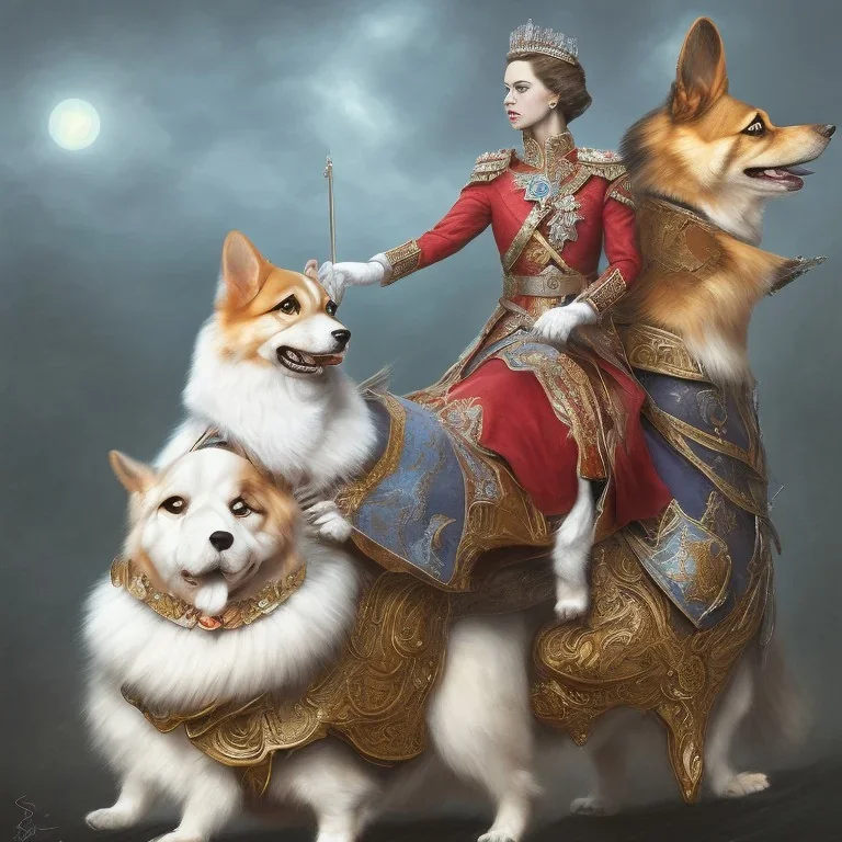 Realistic Portrait of queen elizabeth riding a corgi by seb mckinnon