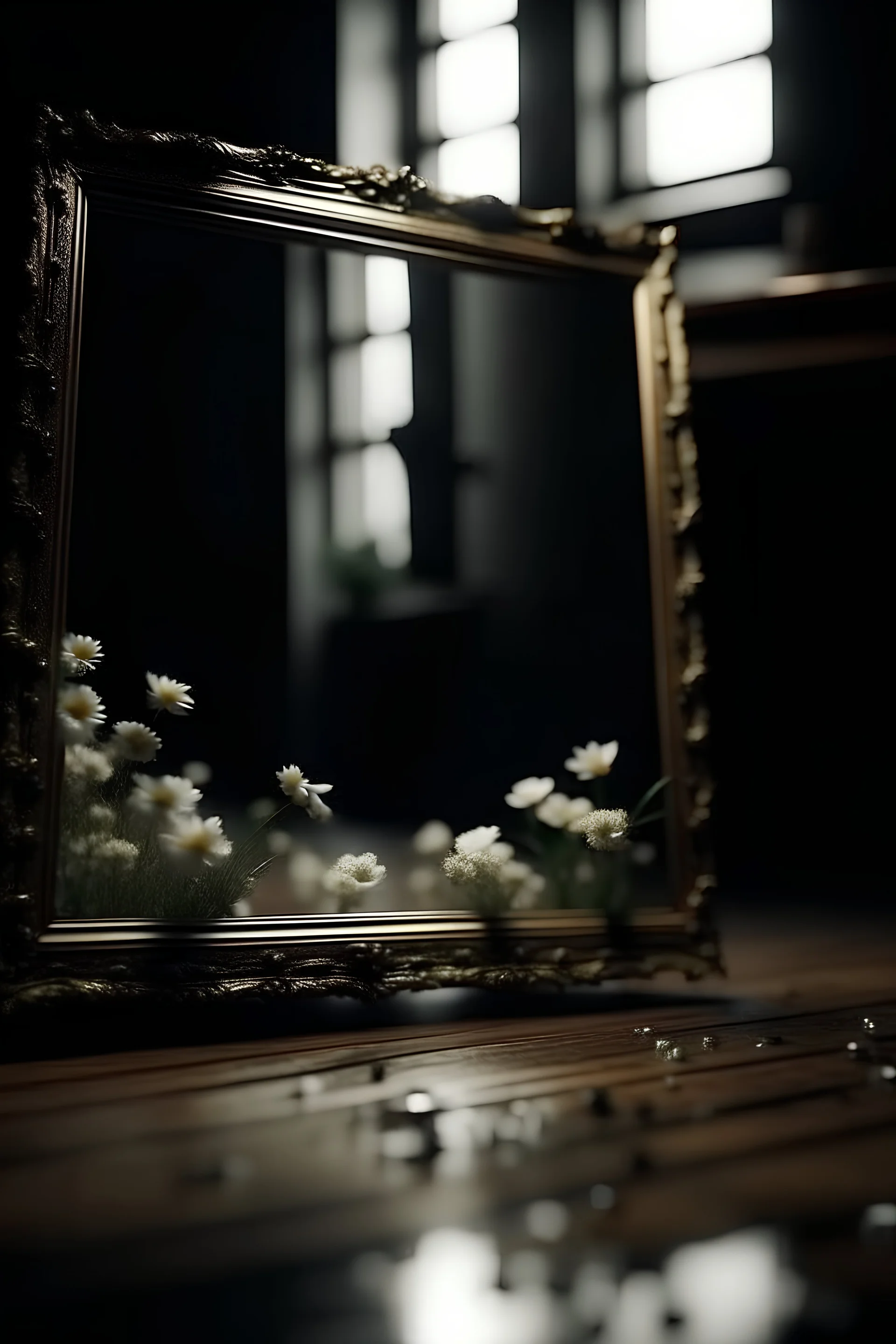 a mirror with a classic board from which white small flowers grow cinematic dramatic hd hig hlights detailled real wide and depth atmosphere