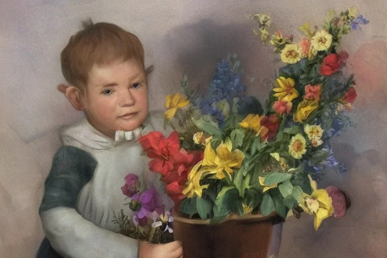 Po nain avec une coupe mulet, bouquet de fleur en main, air pervers et amoureux