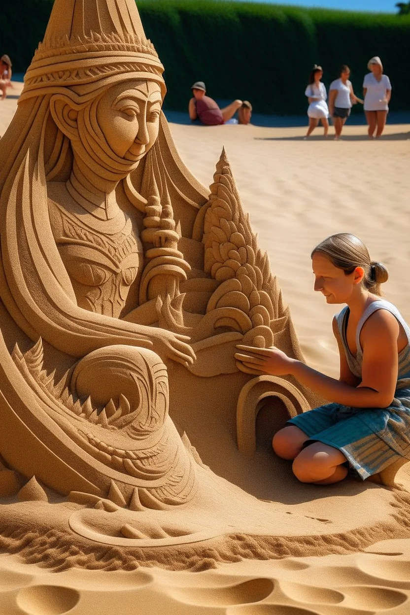 a woman and a child sitting , intricate sand art in a beach, sand sculpted,