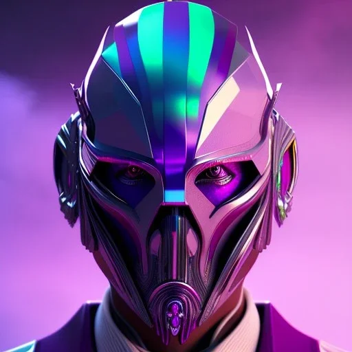 futuristic purple masked villain in galaxy, teal and purple smoke, detailed, realistic, 4k