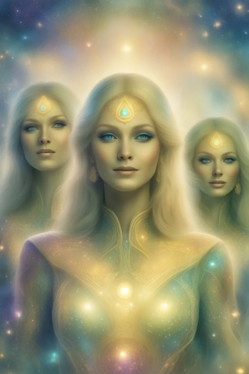 cosmic woman,ambiance bleu,beautiful ufos rainbow, admiral from the future, galactic confédération, fine whole face, crystalline skin, expressive purple eyes,rainbow, smiling lips, very nice smile, costume pleiadian, Beautiful tall woman pleiadian Galactic commander, ship, perfect datailed golden galactic suit, high rank, long blond hair, hand whit five perfect detailed finger, amazing big puple eyes, mouth, high définition lips, cosmic happiness, bright colors,smile