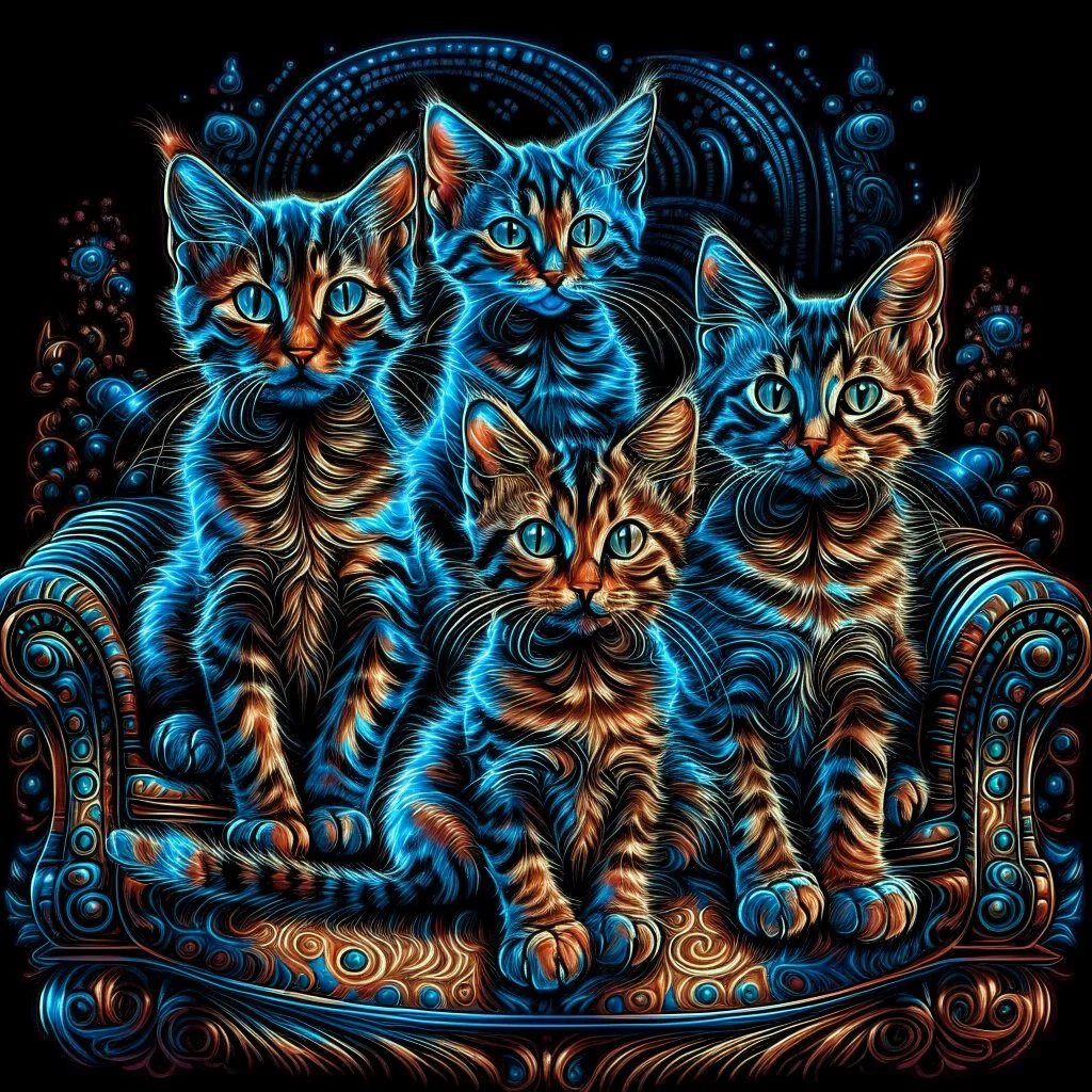 A cat with blue eyes is sitting on an armchair and next to her are three sweet and beautiful kittens against a black background and they are all looking at the camera, computer graphics by Louis Wayne, Behans, psychedelic art, quantum wave racing, psychedelic, mystical