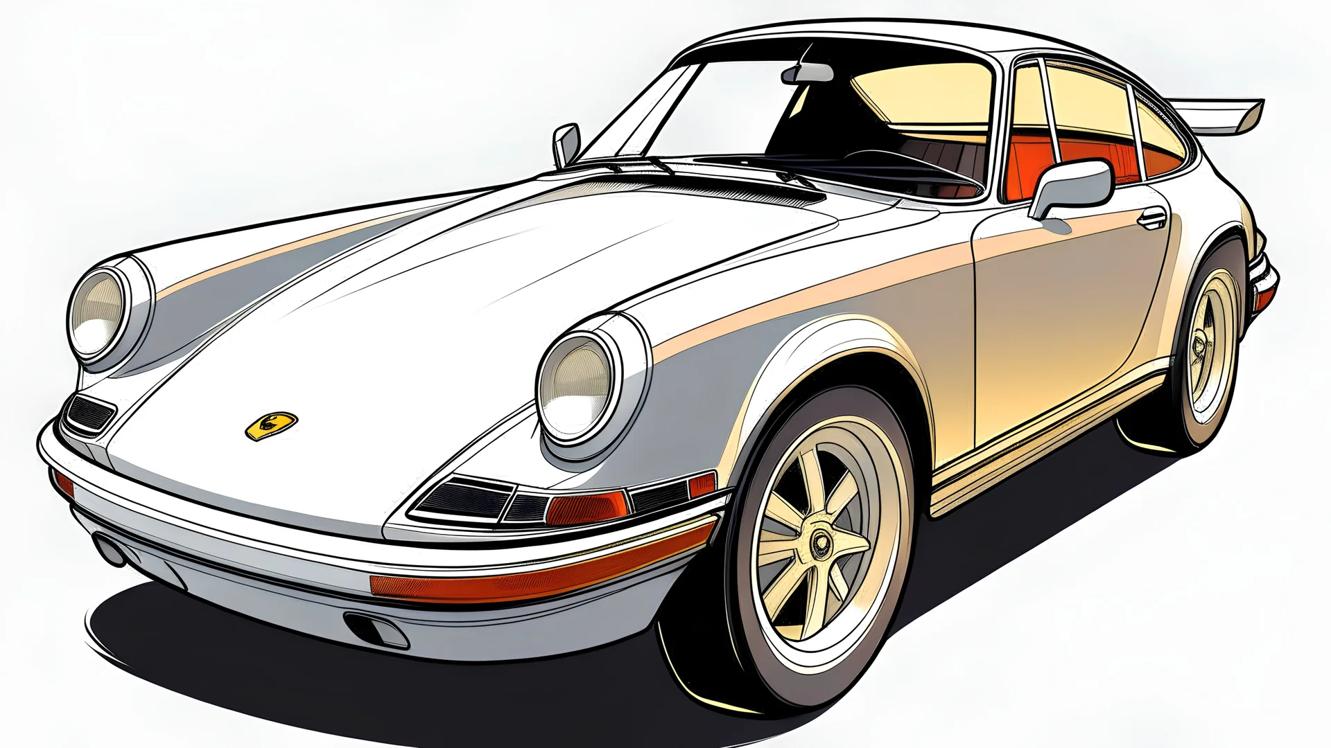 Créer une illustration d'une porsche avec des vitres teintées dégradés de couleur, roues et des phares avec des dégradés de couleur. dessiné à la main, style lines art vector, ligne fines, contour noir, fond blanc brut, pas de dégradé, ludique, de haute qualité, dessiné