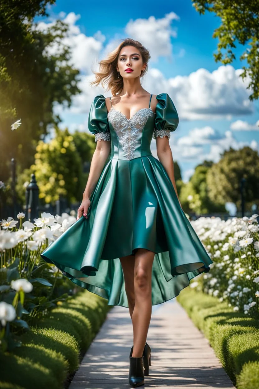 fullbody girl makeup wearing a dark green-silver victorian short dress walking in moder city of 2040 park ,flowers ,pretty clouds in blue sky,city escape.