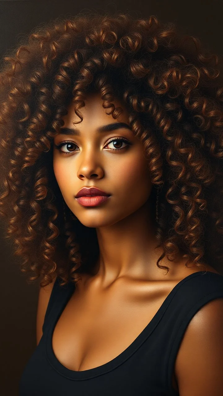 grant wood painting style , a portrait of a beautiful woman with large curly hair , front view with dark brown side lighting background, ultra high quality with ceramic lighting