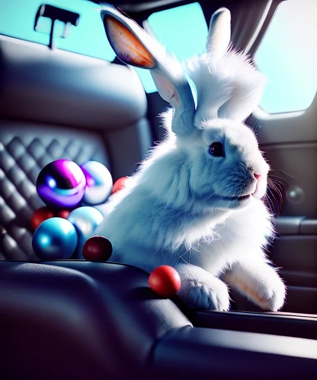 Ultra realistic back seat of limousine image, wide angle view, Alice woman and white rabbit man, many color balls, circus clothing, long hair, smoke, feather long coat, soft color, highly detailed, unreal engine 5, ray tracing, RTX, lumen lighting, ultra detail, volumetric lighting, 3d, finely drawn, high definition, high resolution.