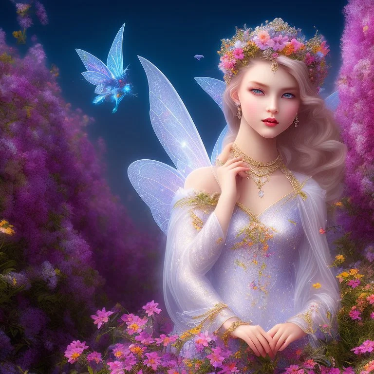 bright fairy, beautiful portrait, flowery landscape