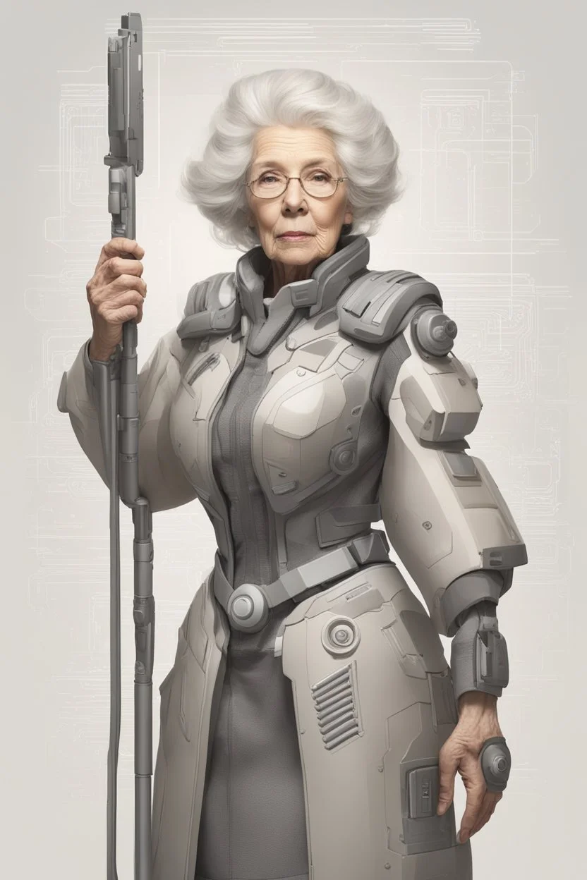 A full body portrait of a powerful old woman. HIgh tech future