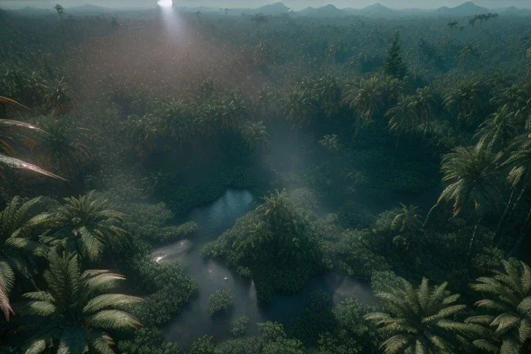 Extreme long shot, Birds Eye view, jungle skyline, smooth, god rays, unreal engine 5, ray tracing, RTX, lumen lighting, ultra detail, volumetric lighting