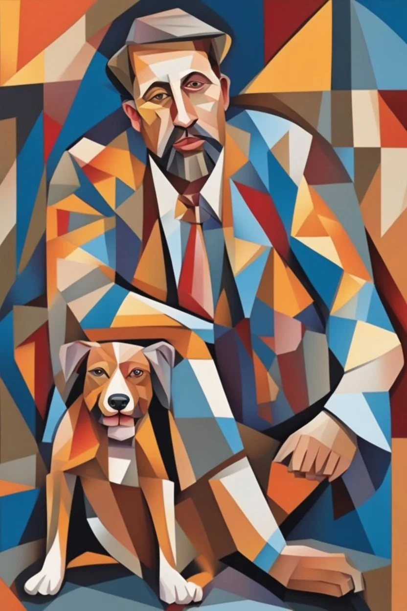 man and dog, cubism style, colorful, full details, high quality,