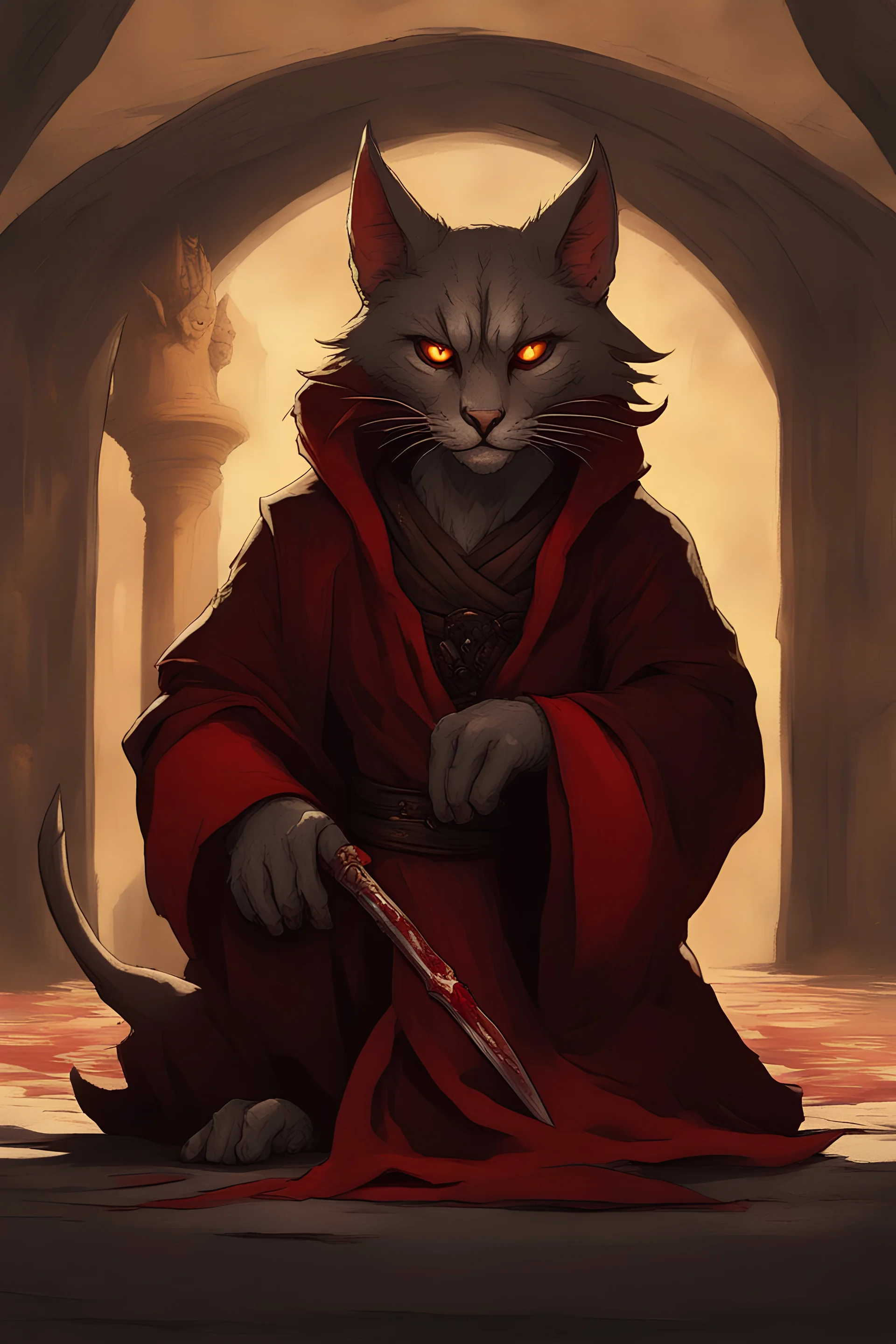 Male khajiit with grey fur and Hazel eyes wearing blood red and black robes in a fantasy setting, sorcerer of death