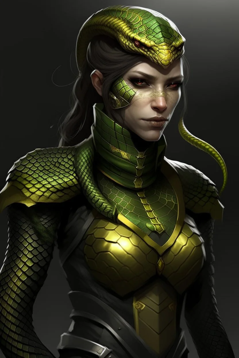 a female humanoid snake, wearing a black leather armor, green scales, yellow eyes