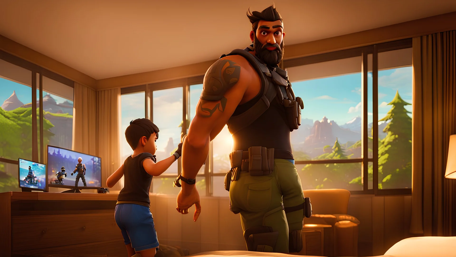 man plays fortnite with boy in hotel room