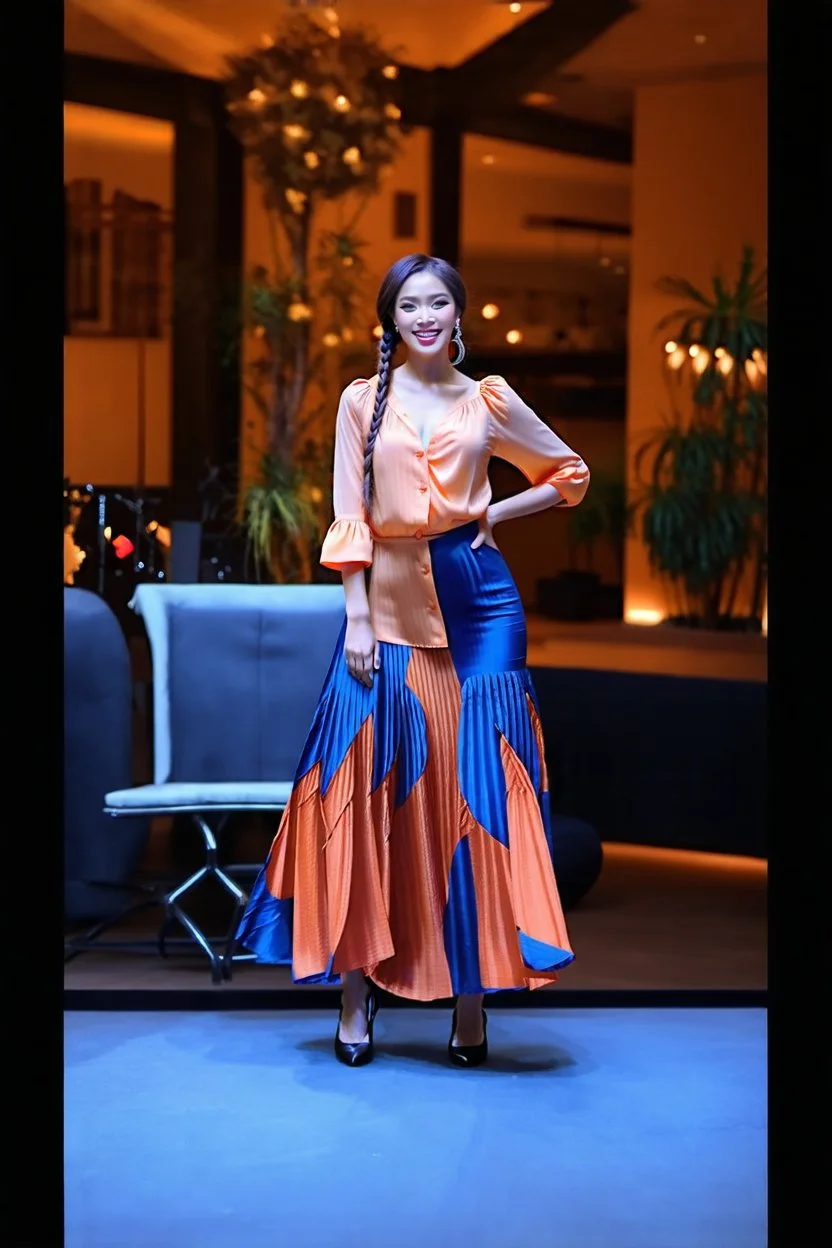 full body of very beautiful lady midi blue skirt and orange bluse , Braided hair ,standing idle happy pose in studio pretty makeup