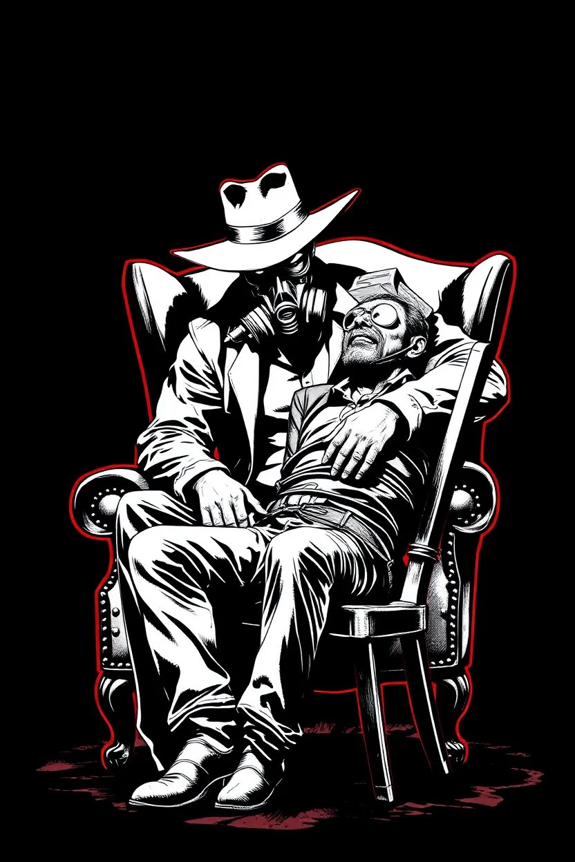 western styles man with hat (wide flat brim flat top) shading face, wearing a gas-mask, sitting forward on a wingback chair while leaning in to intimidate a man tied to a chair, vignette, black and white graphic novel style with a red outline on black background, gothic horror