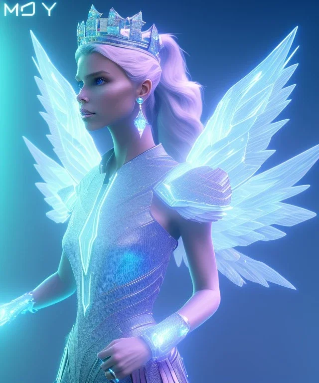 A crystalised queen, atmospheric, realistic, unreal engine, cinematic lighting, octane render. blue, pink, transparency, light, shine,bright, full body, transparent wings, blonde, long hair, nice smile